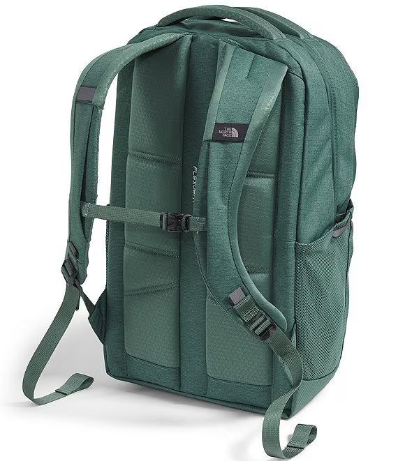 The front view of a dark green backpack from The North Face, showing padded back compartments, adjustable shoulder straps, and side mesh pockets against a white background.