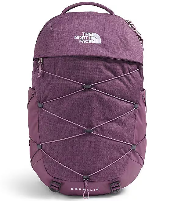 The North Face Borealis backpack in a heathered purple color, featuring a top zip closure, a front zippered pocket, and crisscross compression straps on the front.