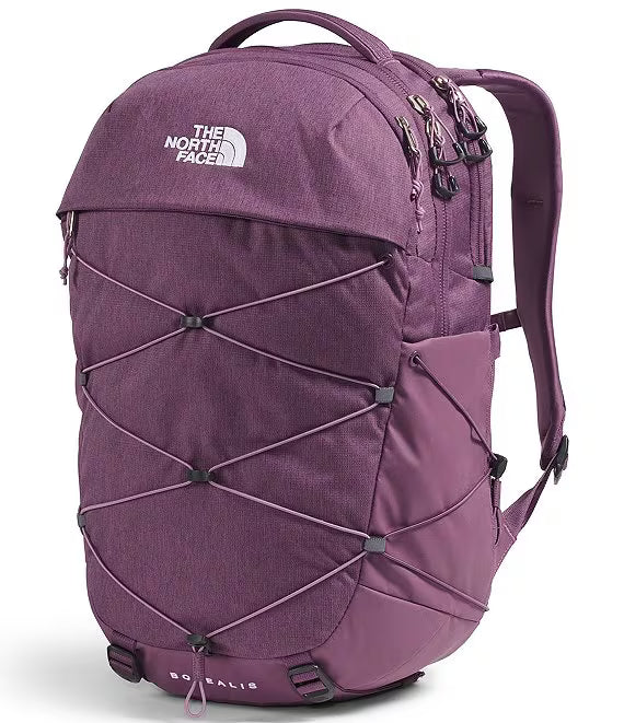 The North Face Soralis backpack in a heathered purple color, featuring a front zippered pocket with diagonal compression straps, a top handle, and the brand logo on the upper left.