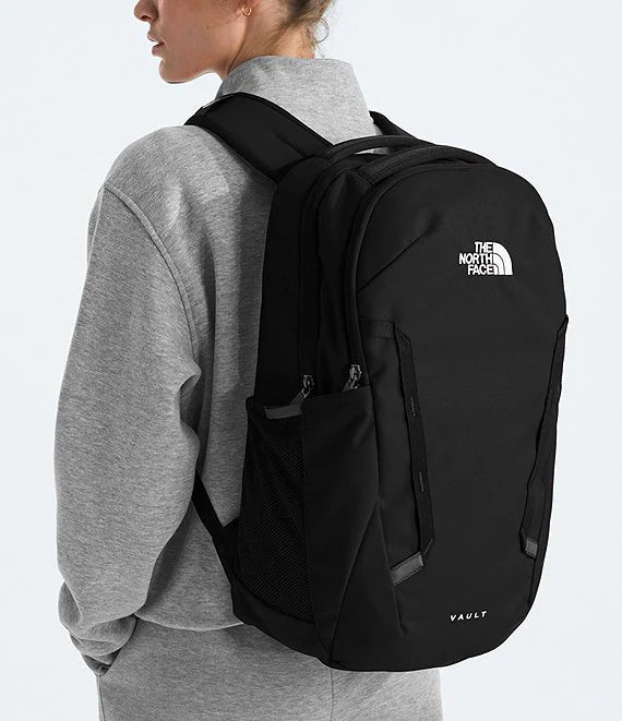 A person wearing a gray sweatshirt shown from the back, carrying a black The North Face Vault backpack against a light gray studio background.