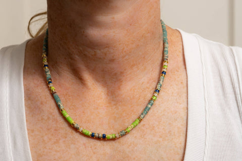 Rondelle Beaded Necklace | TQ/Green Jasper, Adjustable