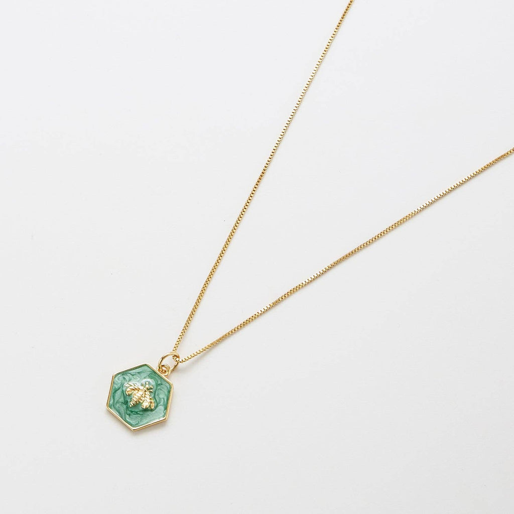 Green Hexagon Bee Necklace