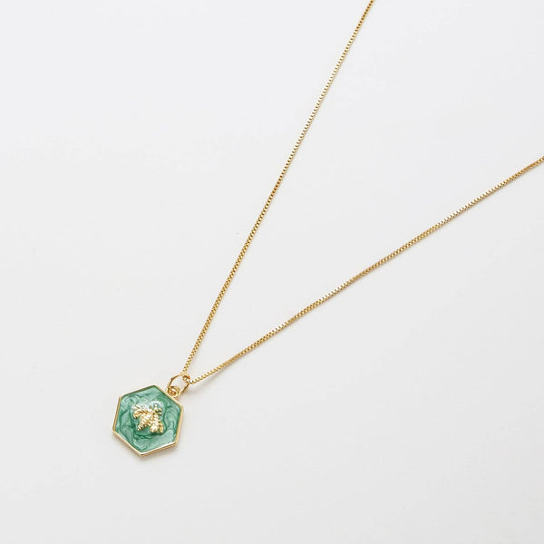 Green Hexagon Bee Necklace
