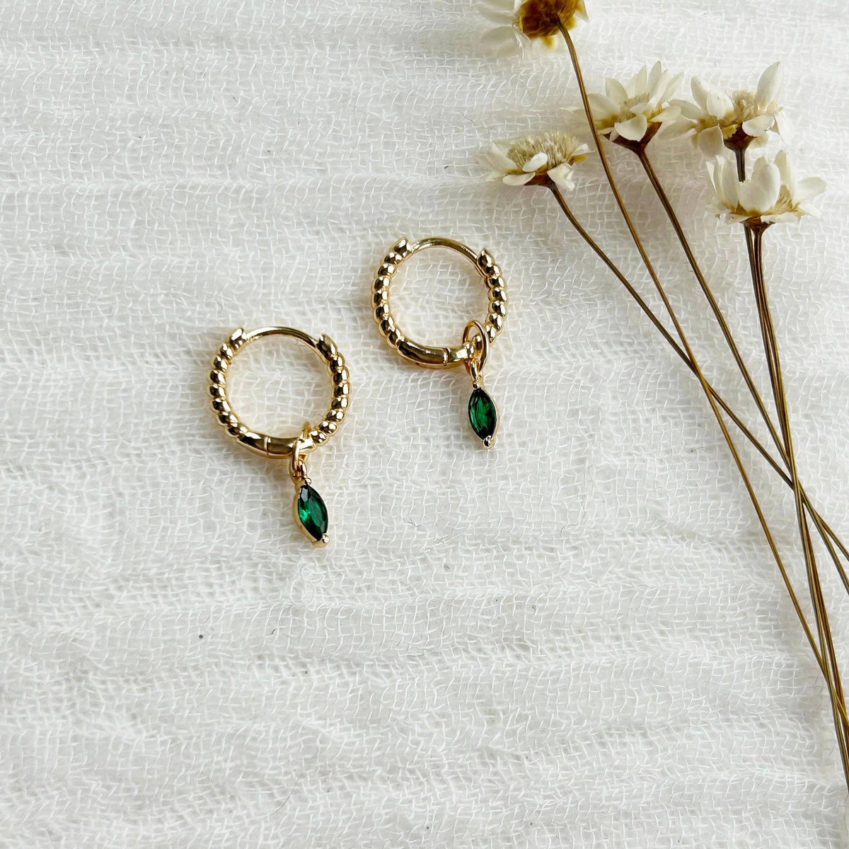 KARA | TOZER - Gold Braided Emerald Charm Hoops