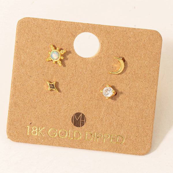 Fame Accessories - Gold Dipped 4Pc Star Moon Stud Earrings Set