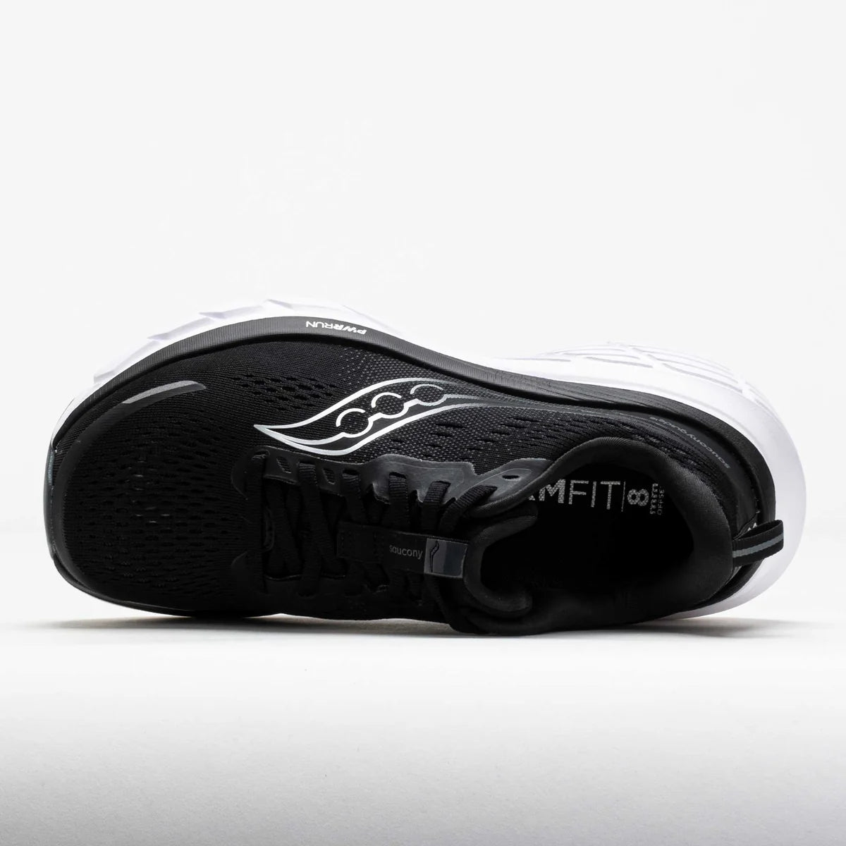 A side profile view of a Saucony running shoe in black and white, showcasing the textured black mesh upper, black laces, and the white Saucony logo on the side of the midsole.