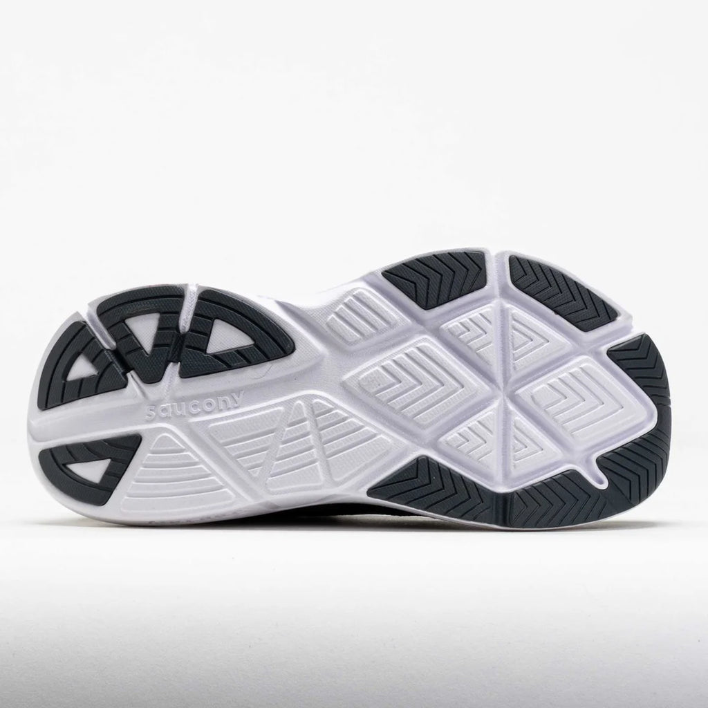 The outsole of a Saucony athletic shoe, showing a white and gray treaded design with black rubber accents, photographed on a light gray background.