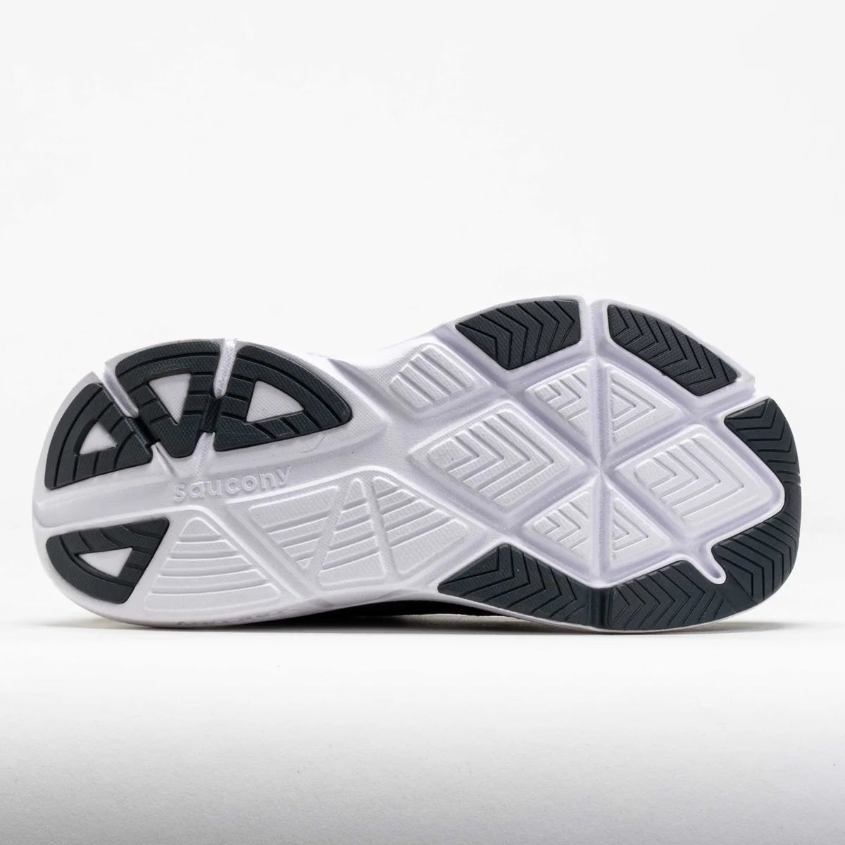 The outsole of a Saucony athletic shoe, showing a white and gray treaded design with black rubber accents, photographed on a light gray background.