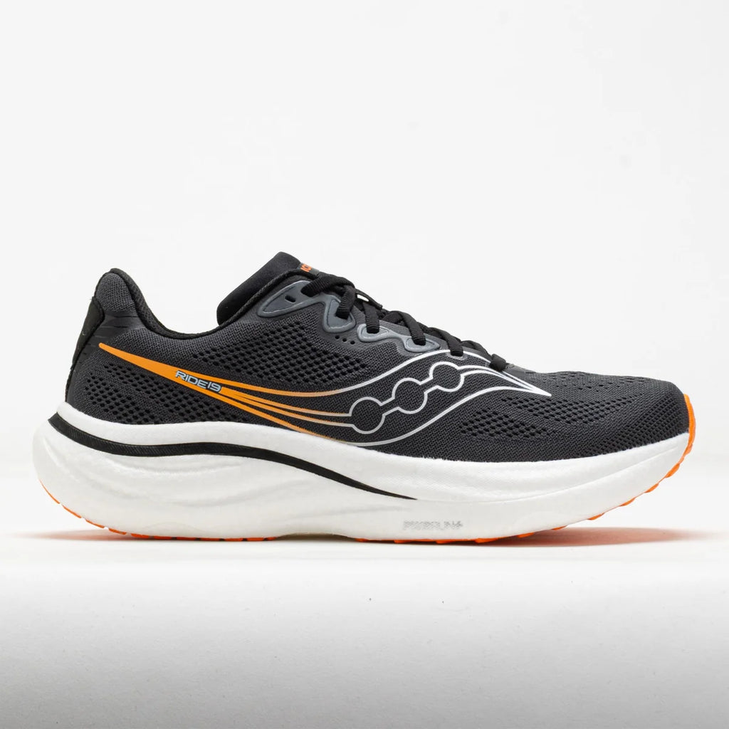 A Saucony running shoe in black mesh with a white midsole and orange accents, shown in a side profile on a light gray background.