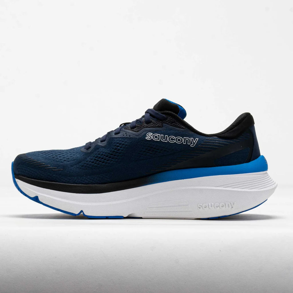 Navy and blue running shoe with white sole on a light gray background