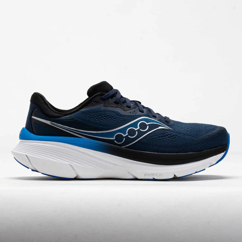 Blue running shoe with white sole on a light gray background