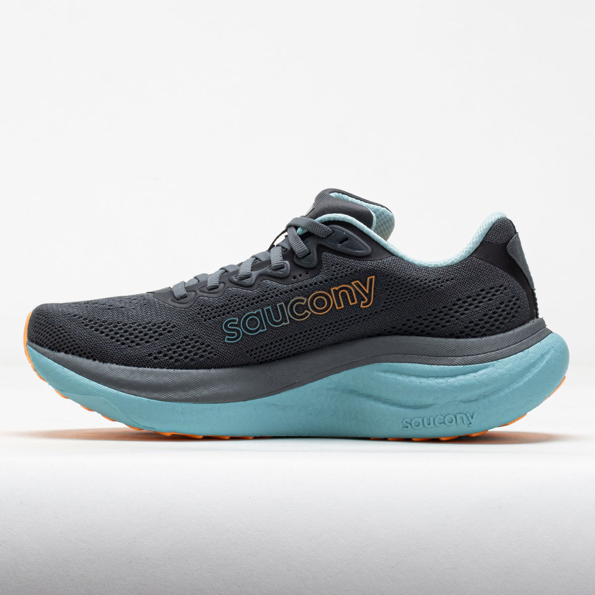 Saucony running shoe with black and blue design on a white background