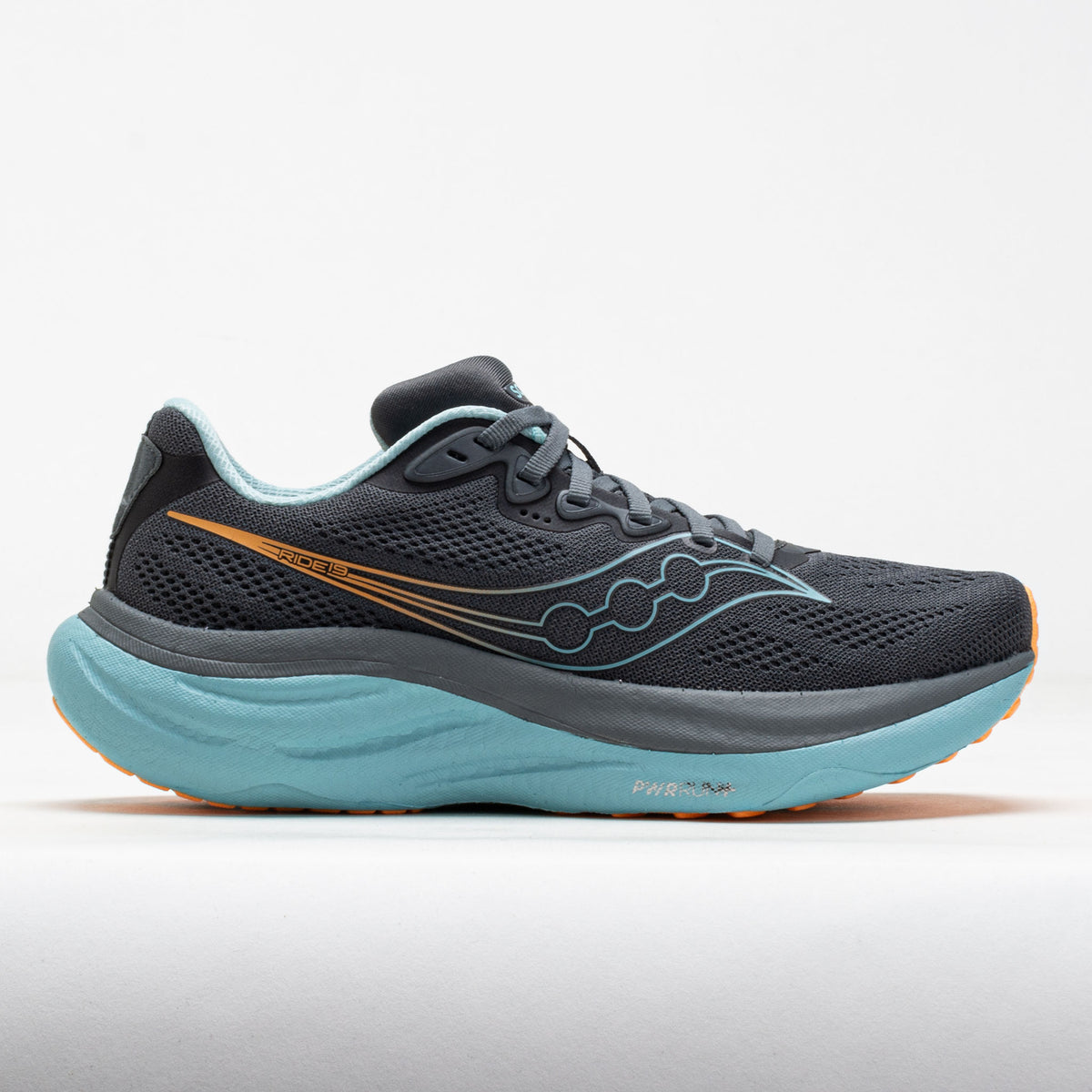Black and blue running shoe on a white background
