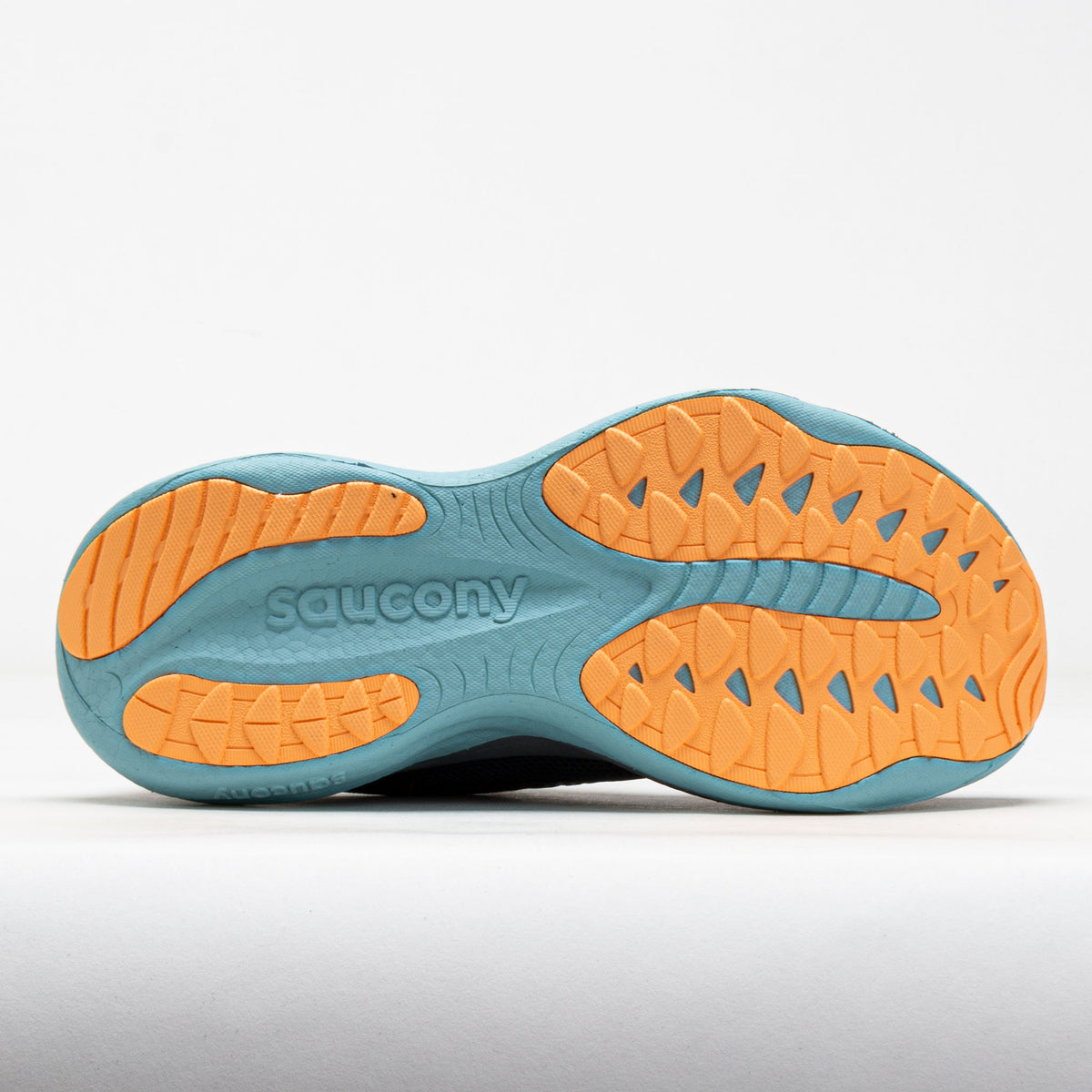 Saucony shoe sole with orange and blue design on a white background