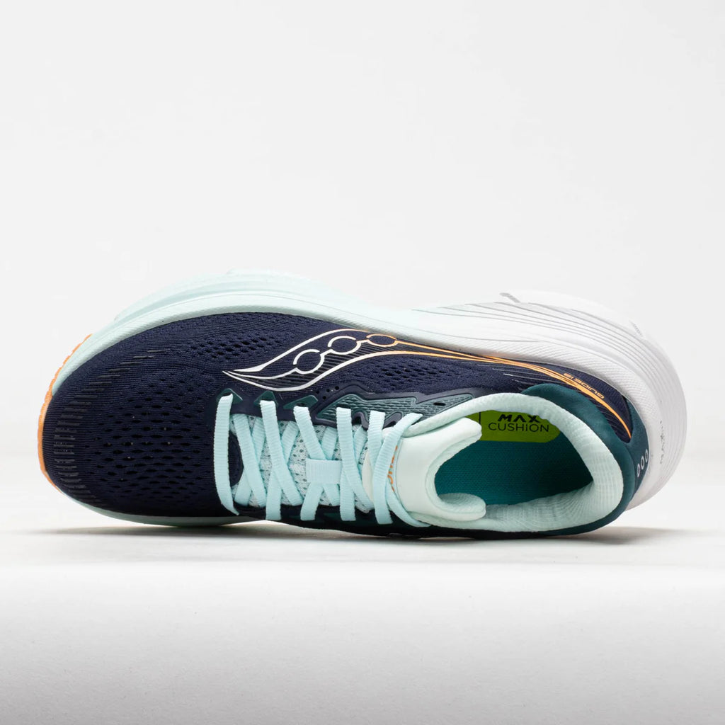 Navy and teal running shoe with white sole on a light gray background