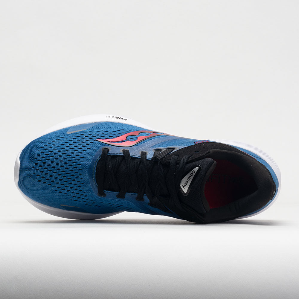 Blue athletic shoe with black laces on a light gray background