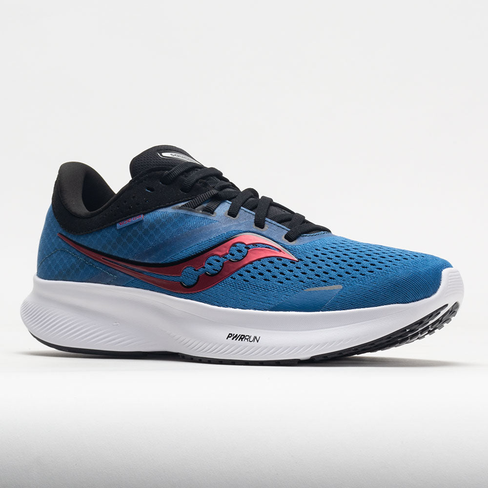 Blue running shoe with black and red accents on a white background