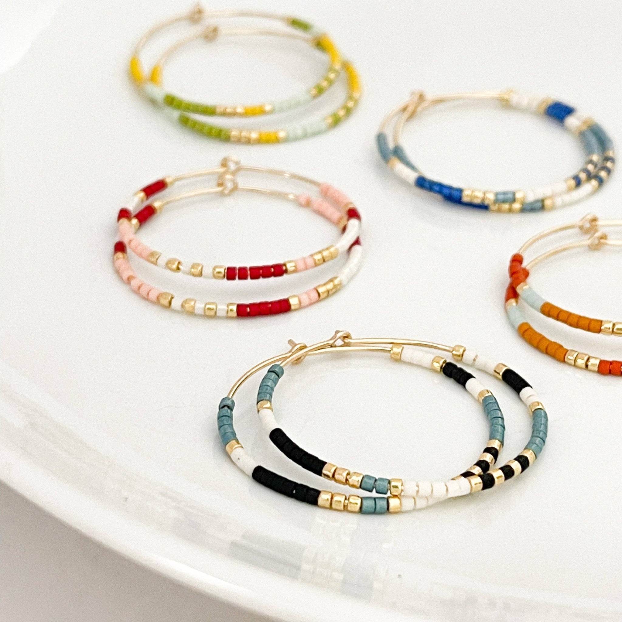 Beaded Hoop Earrings| Hypoallergenic: Gold / Ocean