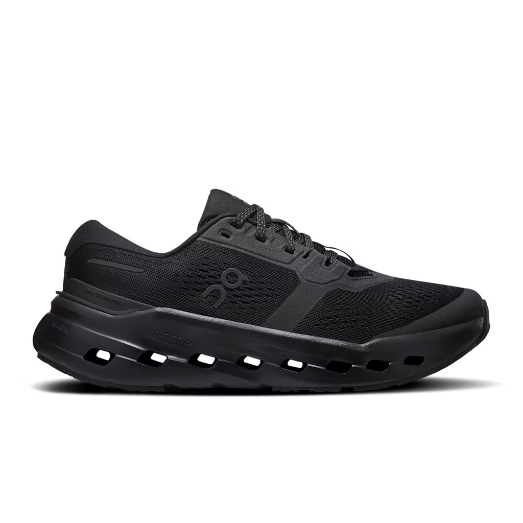Black running shoe on a white background