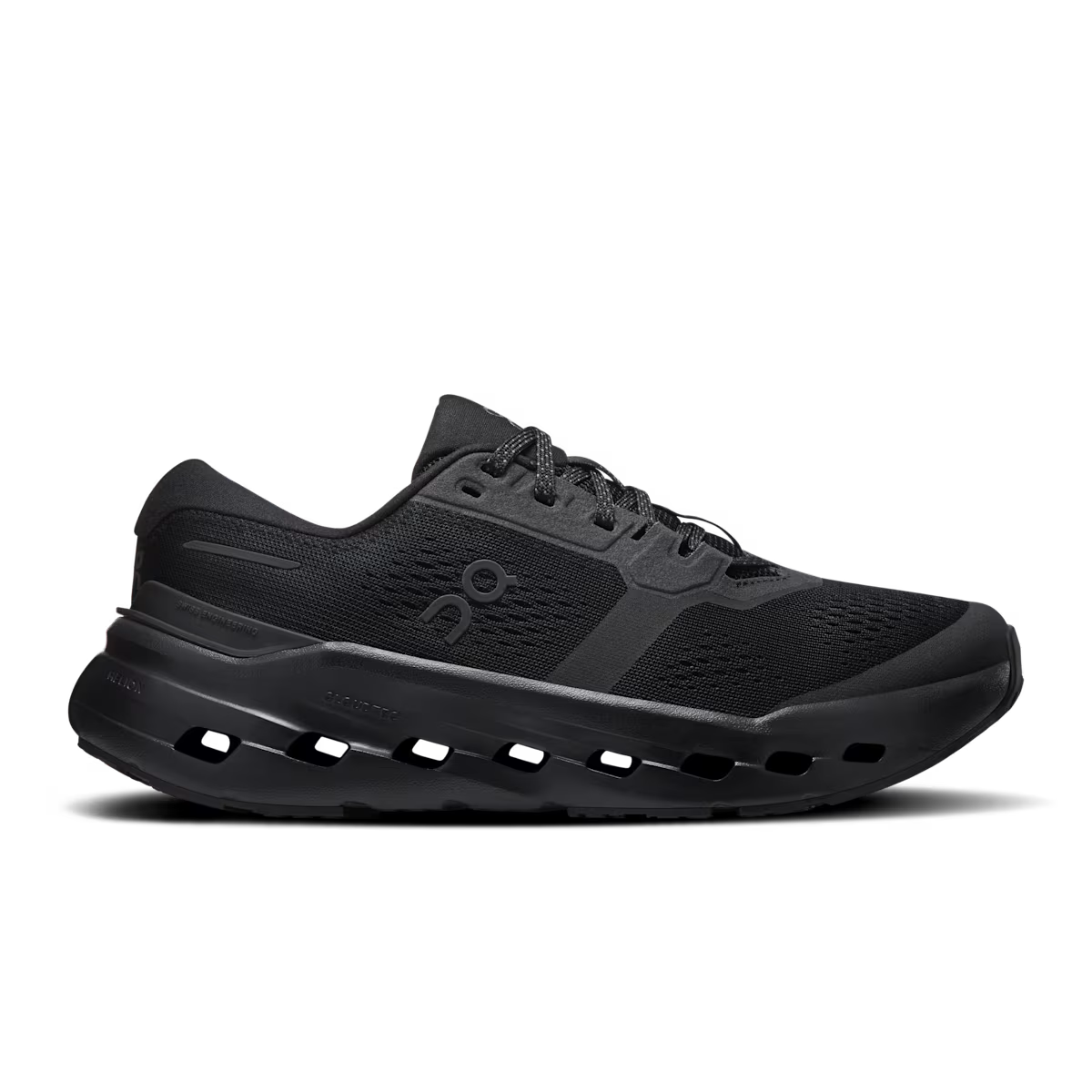 Black running shoe on a white background