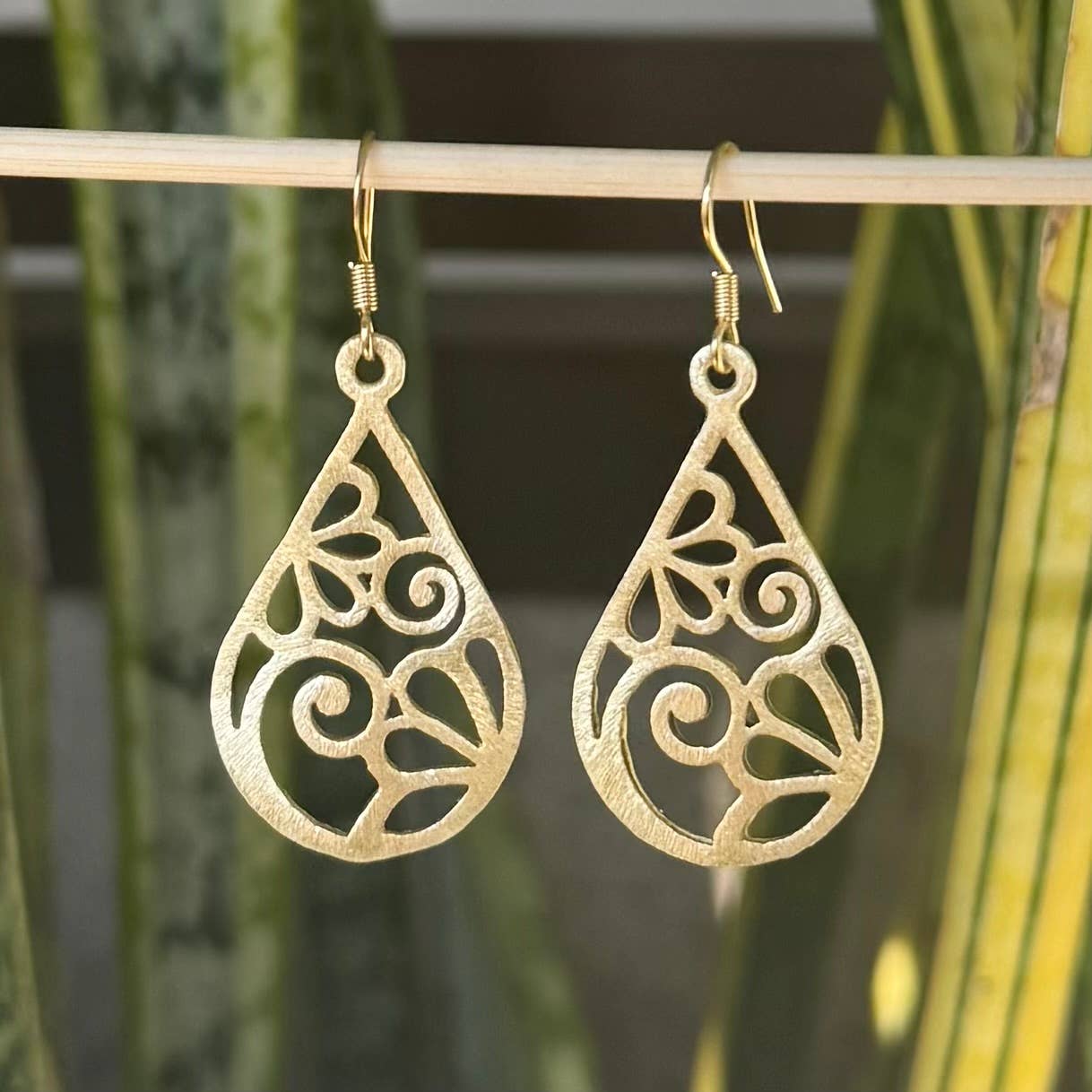 Brushed Gold Filigree Teardrop Earrings
