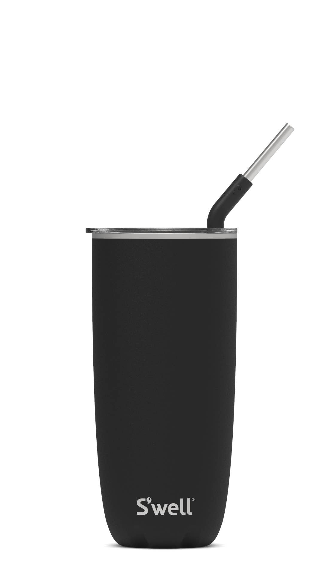 Black insulated tumbler with straw on a white background, featuring the 'S'well' brand.