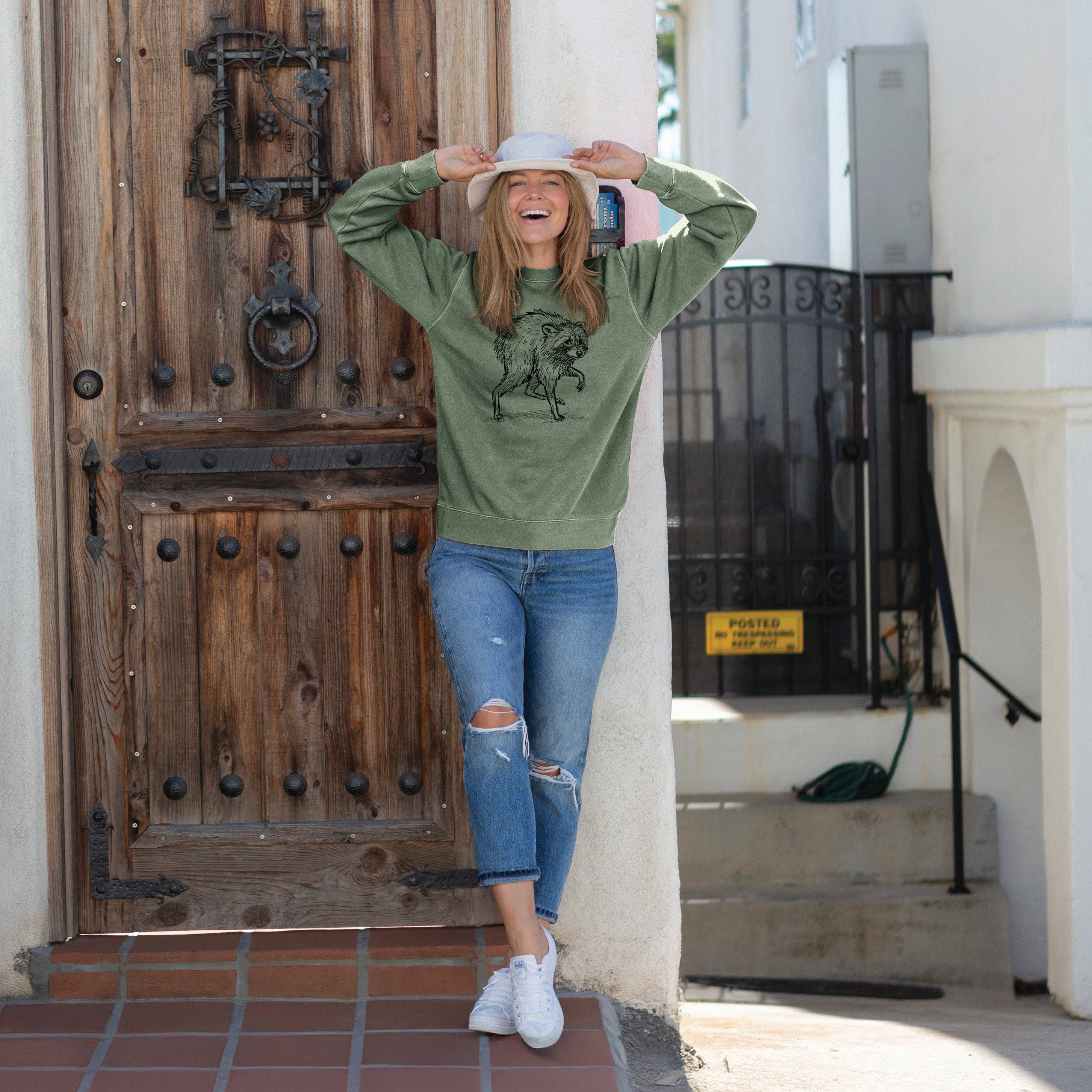 Because Tees - Short-Spine Seattle Raccoon - Unisex Pigment Dyed Crew Sweatshirt