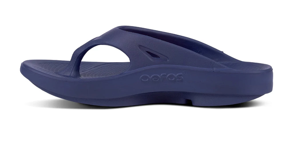Blue sandal with 'Oofos' branding on a white background