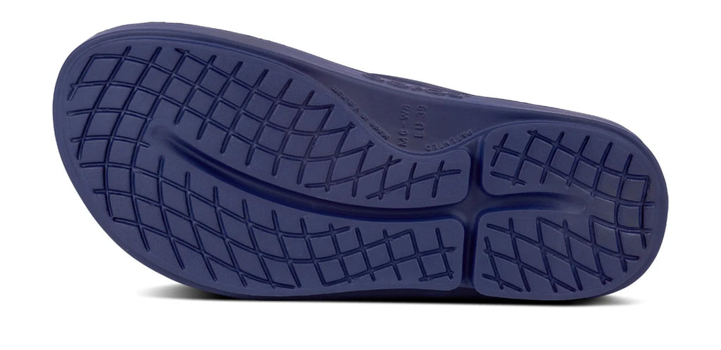 A close-up of a dark navy blue shoe sole with a textured grid tread pattern, shown against a plain white background.