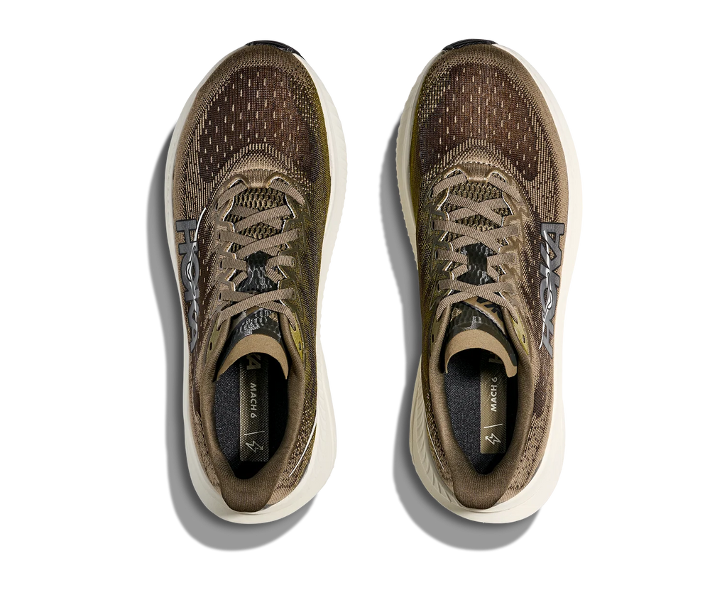 A pair of Asolo running shoes shown from a top-down view, featuring a brown and beige mesh upper with olive-green accents and thick white midsoles.