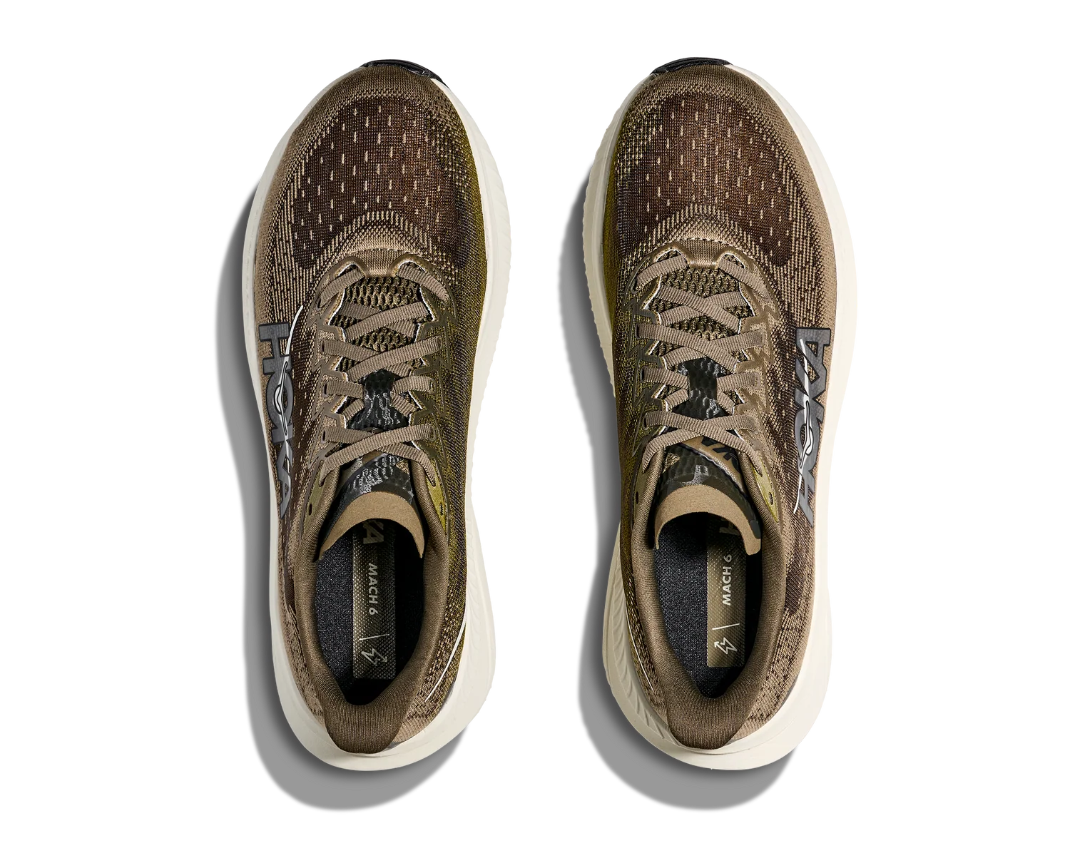 A pair of Asolo running shoes shown from a top-down view, featuring a brown and beige mesh upper with olive-green accents and thick white midsoles.