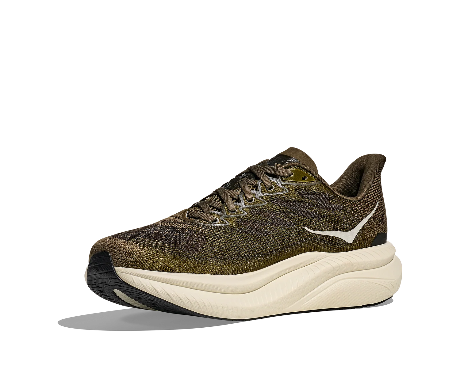 A single athletic running shoe shown in a side profile on a clean white background. The upper is a textured olive green and brown knit, with a thick cream-colored midsole and a small white logo on the side.