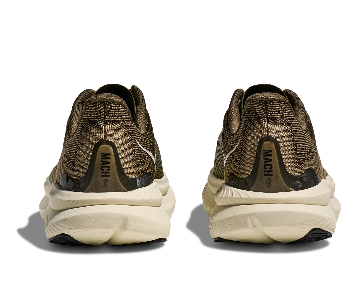 A pair of running shoes shown from the back, featuring a textured metallic bronze and brown knit upper with a thick cream-colored midsole and black heel details.