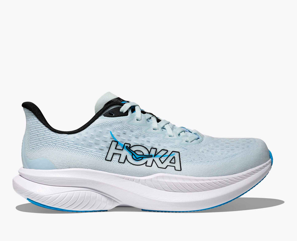 Light blue running shoe with black and white accents on a white background