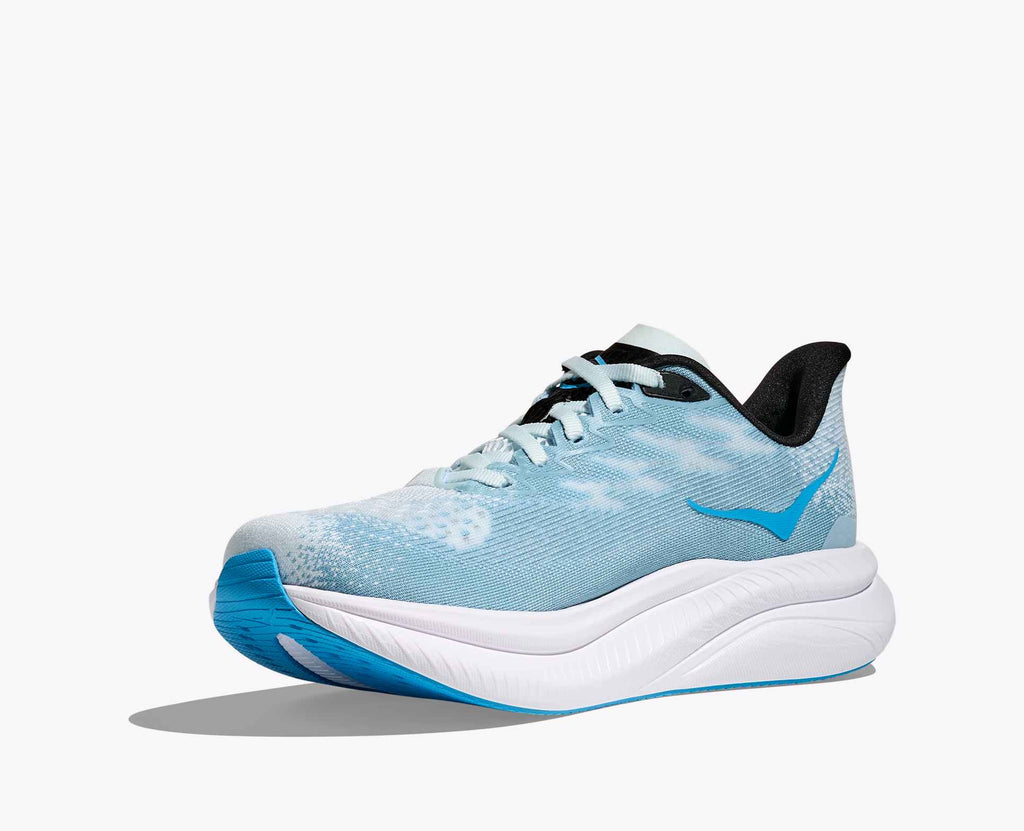 Blue and white running shoe on a white background