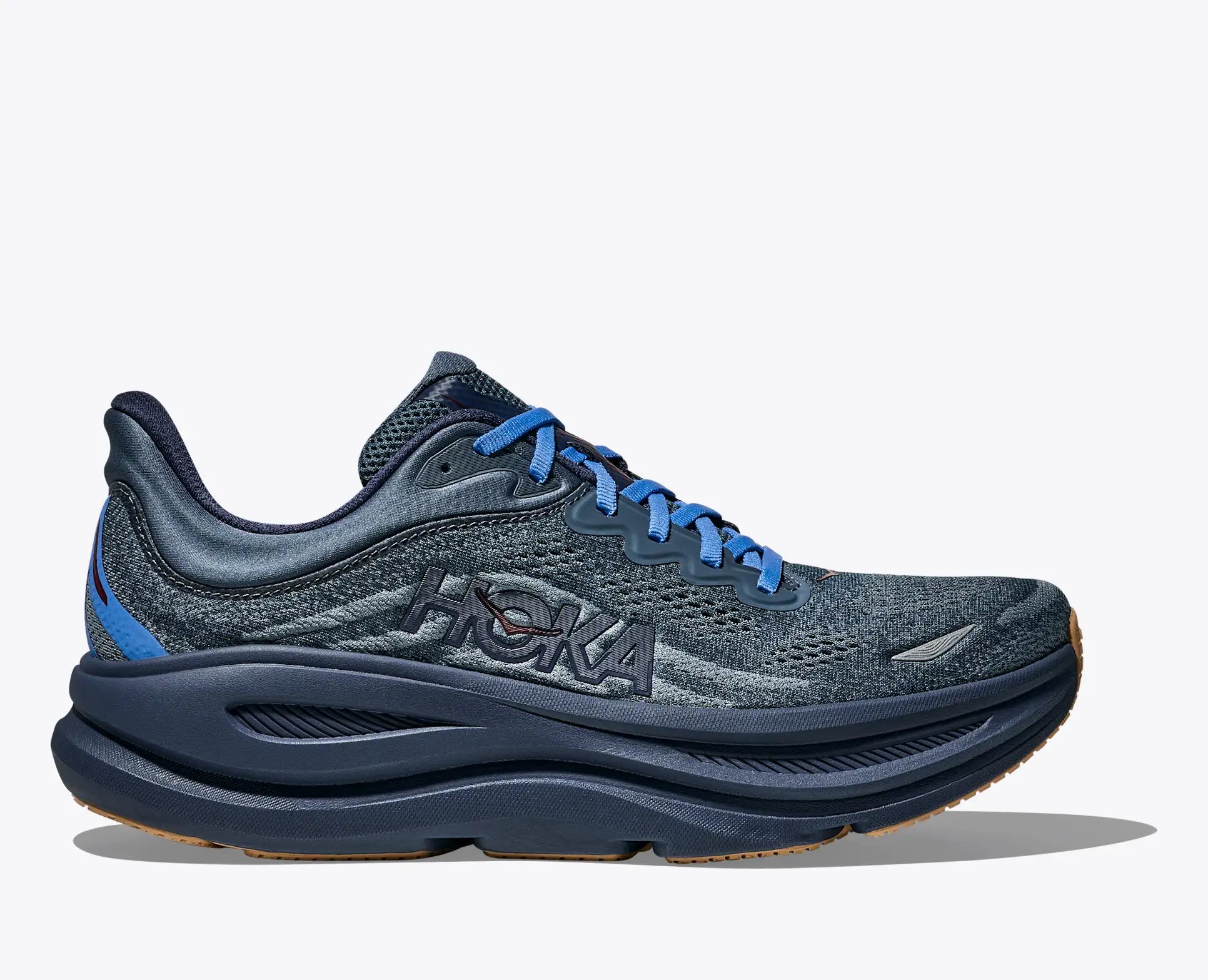Blue running shoe with blue laces on a white background