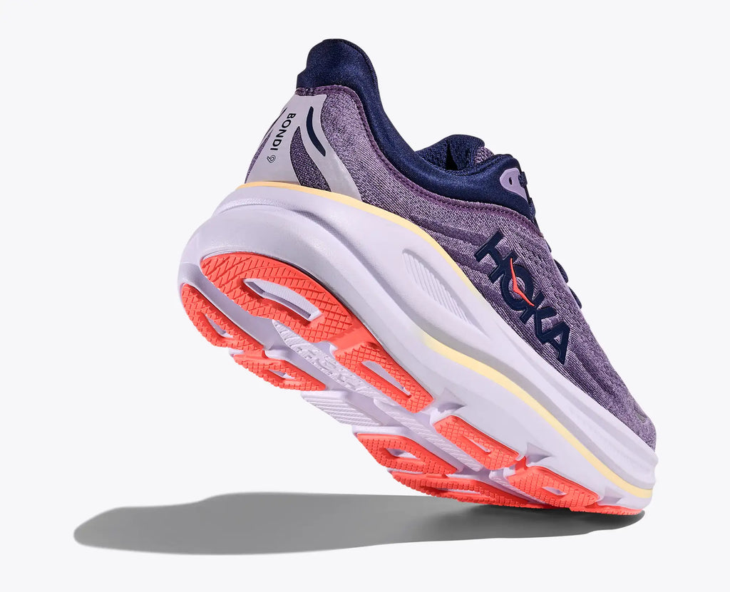 Hoka running shoe with purple and orange design on a white background