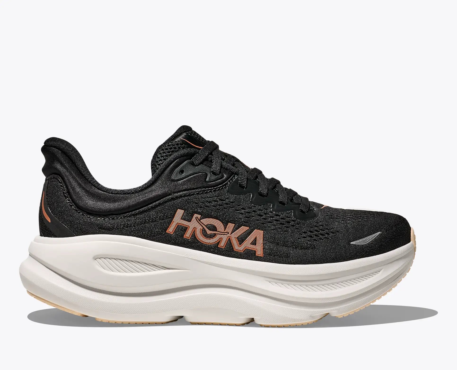 Black sneaker with a white sole on a white background