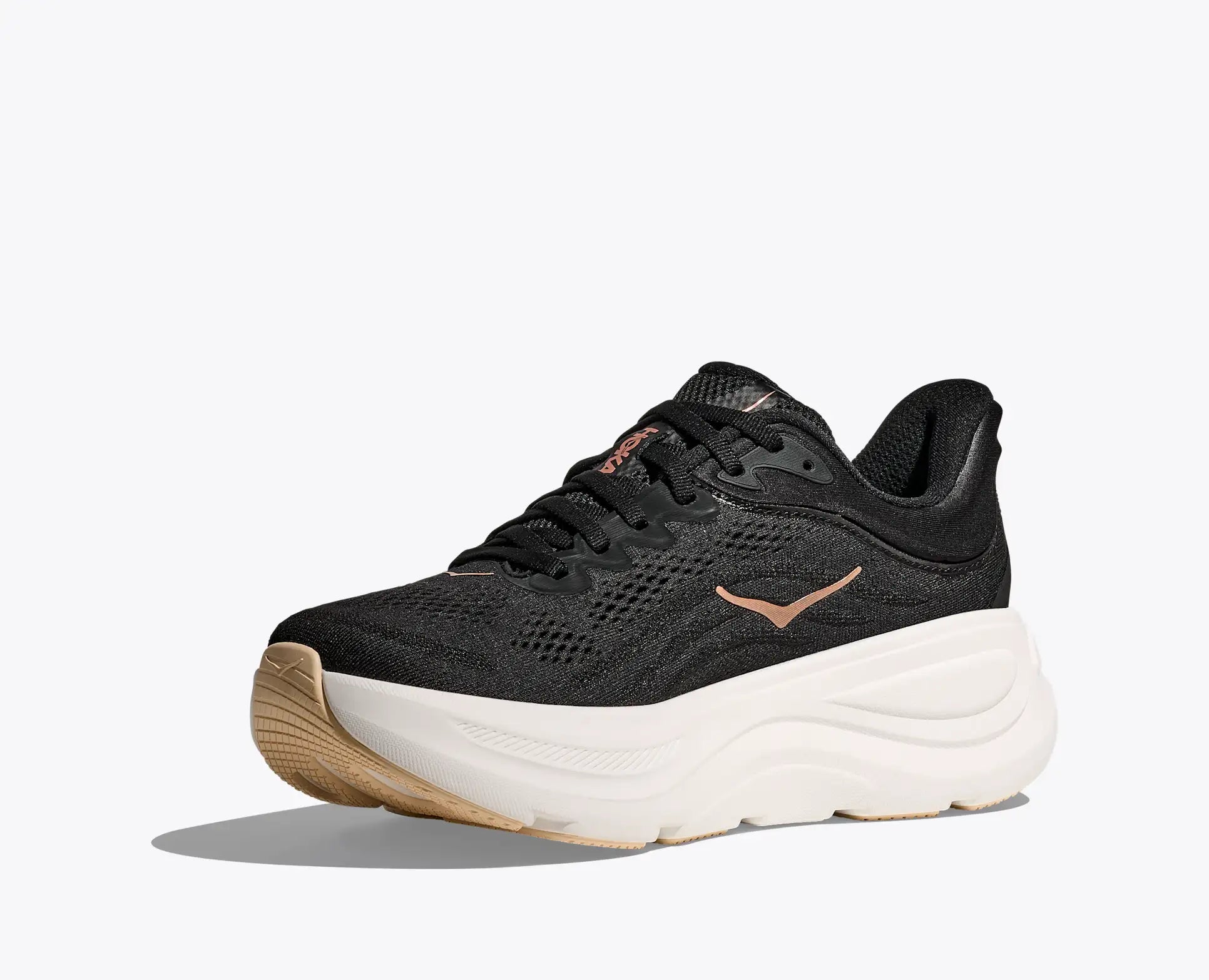 Black running shoe with white sole on a light gray background