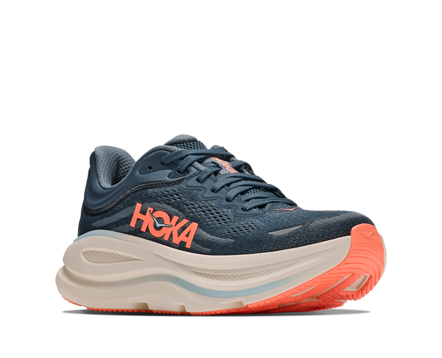 Blue running shoe with orange sole and 'Hoka' branding on a white background