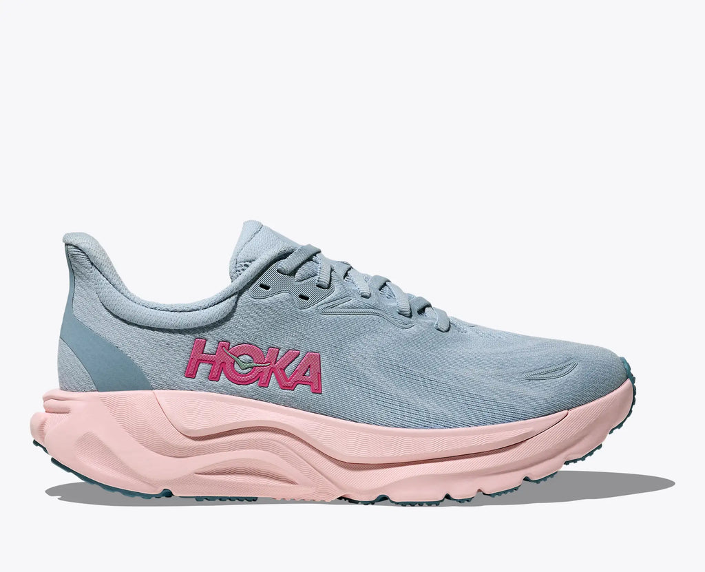 Blue and pink running shoe with Hoka branding on a white background