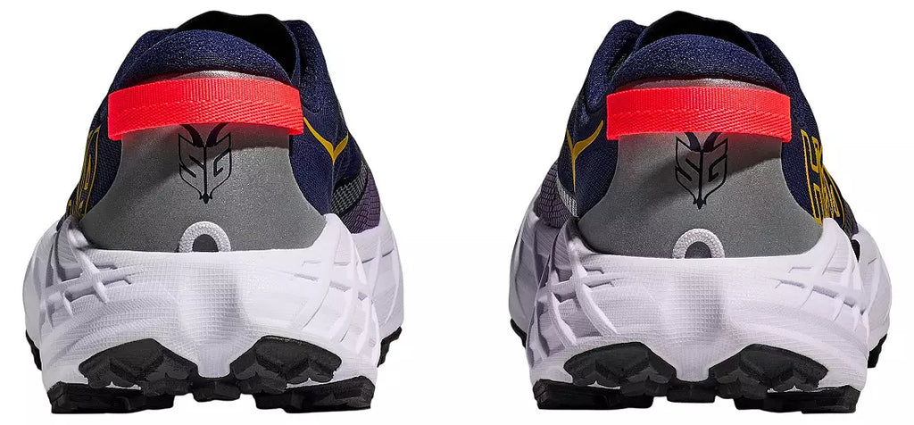 Two views of a running shoe with a red heel counter on a white background
