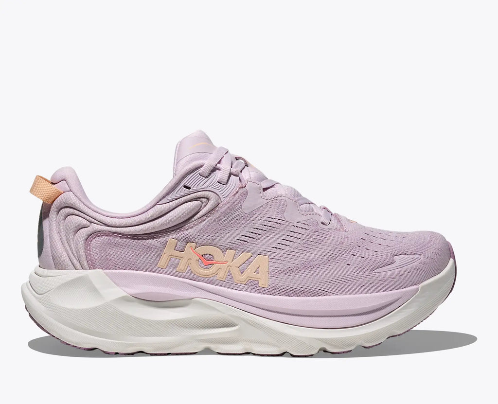 Pink running shoe with 'Hoka' branding on a white background