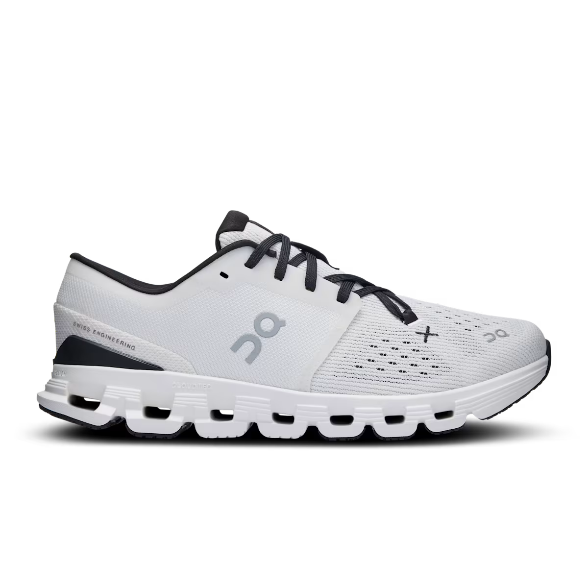 White running shoe with black accents on a transparent background