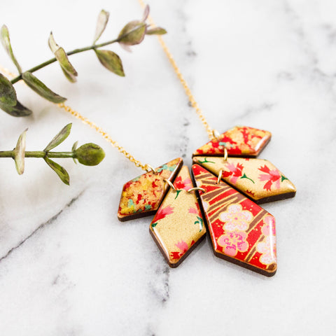 Japanese Petal Necklace| Red + Gold