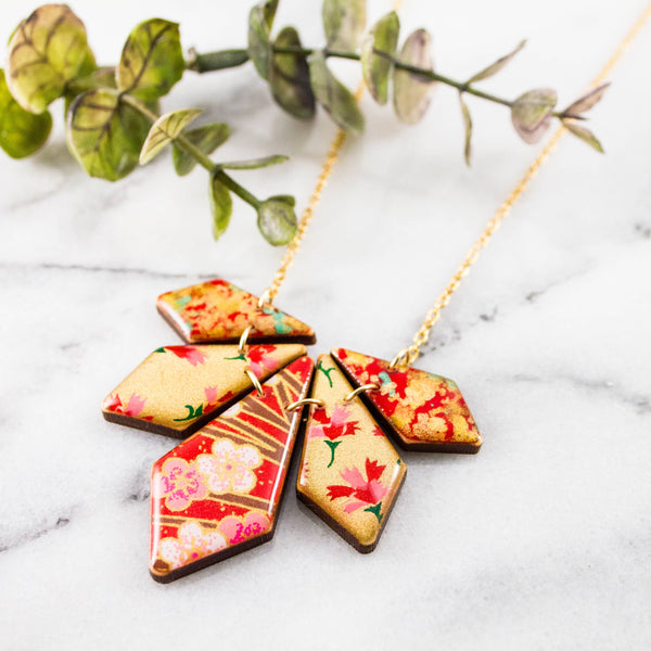 Japanese Petal Necklace| Red + Gold