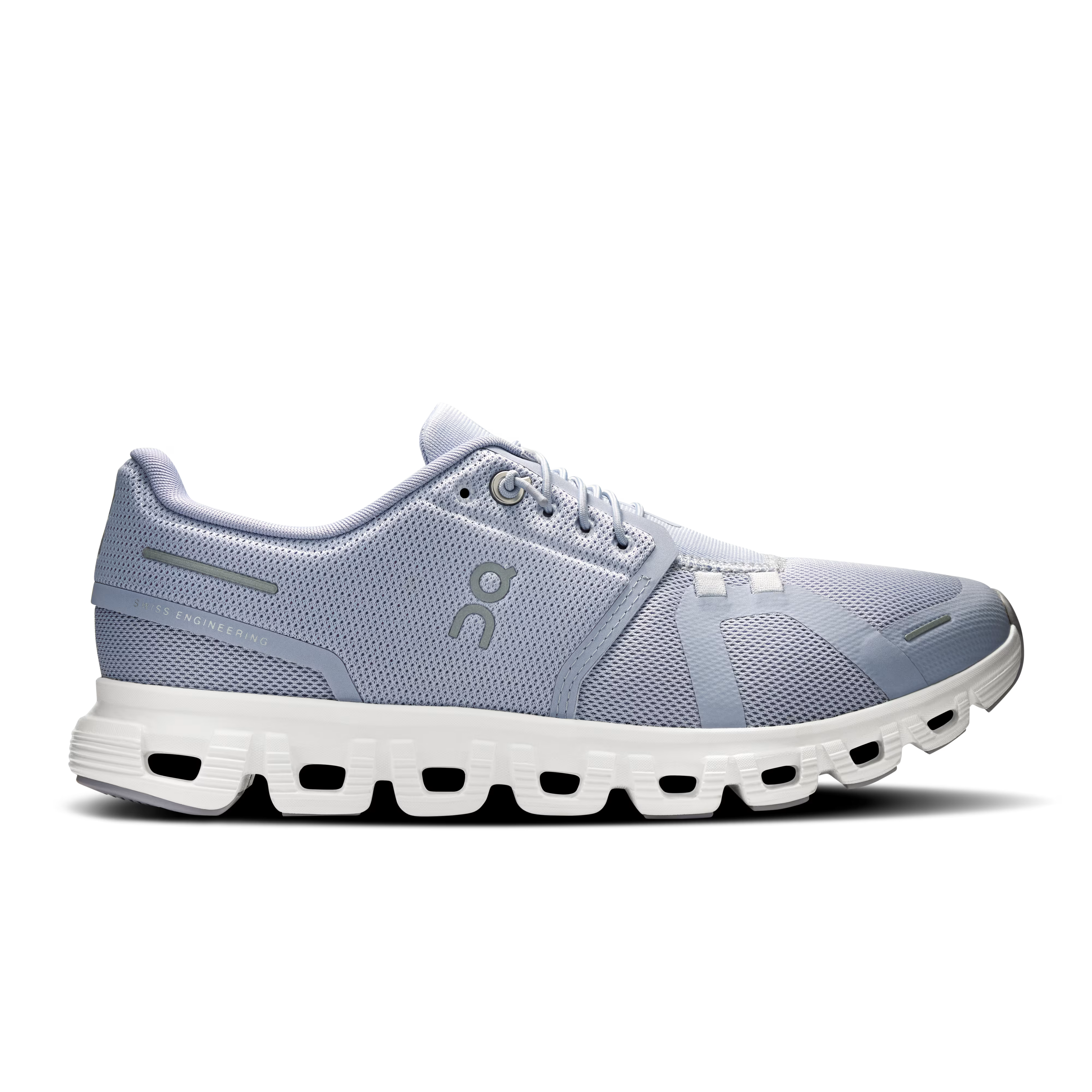 Gray running shoe with white sole on a white background