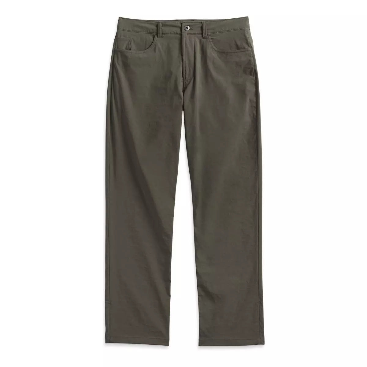A pair of straight-leg trousers in a muted olive green color, displayed flat against a solid white background.