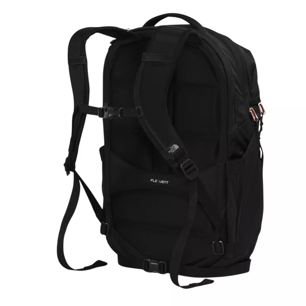 A black The North Face Fly Vent backpack shown from a three-quarter rear angle against a plain white background.
