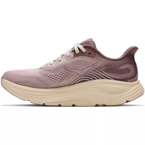 A single Hoka running shoe in a dusty mauve and beige colorway, shown from a lateral side profile view against a solid white background.